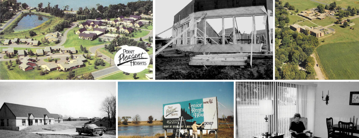 Collage showcasing the development of Ecumen Point Pleasant Heights. Includes aerial views, construction, signage, and a cozy interior scene with a seated woman.