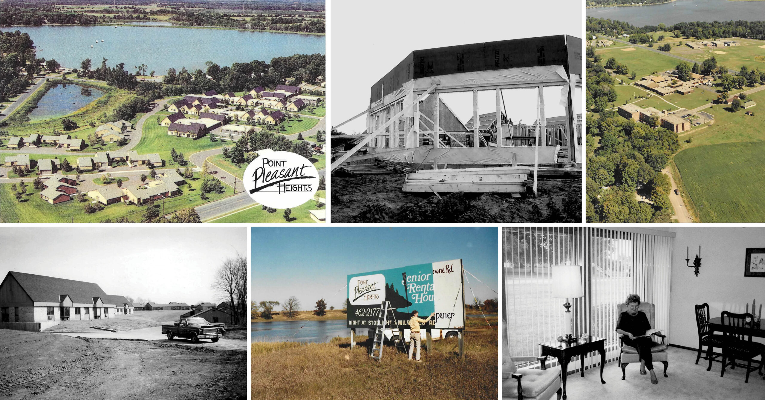 Collage showcasing the development of Ecumen Point Pleasant Heights. Includes aerial views, construction, signage, and a cozy interior scene with a seated woman.